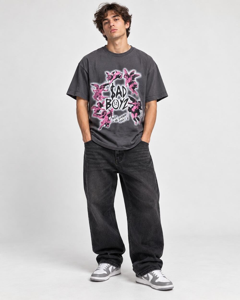 Sad Boyz Large Graphic Tee Charcoal Pink Cherub Angel Spanish Back Print USA